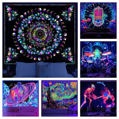 Blacklight Mushroom Tapestry Uv Fantasy Forest Plants Wall Hanging Decor Skull Tarot Skeleton Tapestries For Bedroom Living Room