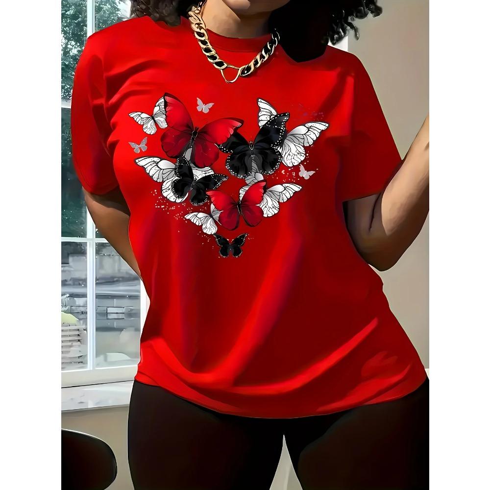 

Women s Red Butterfly Heart Print T-Shirt Short Sleeve Round Neck Casual Top for Spring Summer & All-Season Wear M