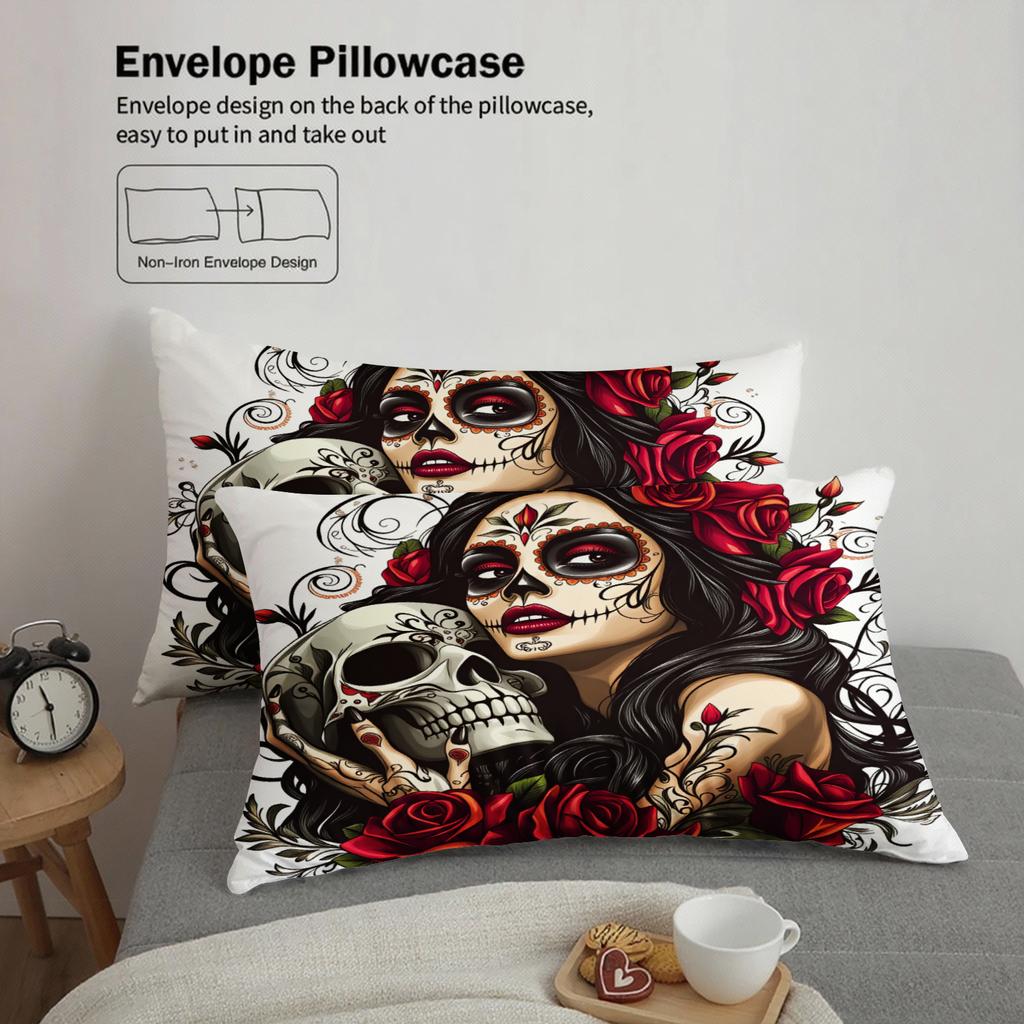 3pcs Sugar Skull Woman Bedding Sets 3D Printed Day Of The Dead Duvet Cover Sets With Pillowcases No Filling Single Twin Size