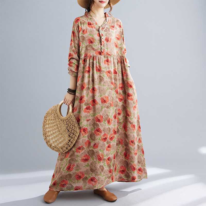 

Винтажное платье свободного кроя с принтом и кружевом мулен, с длинными рукавами L