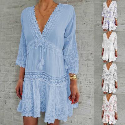 Rochie de damă casual cu decolteu în V cu imprimeu, cu mâneci trei sferturi, rochie sexy scoasă