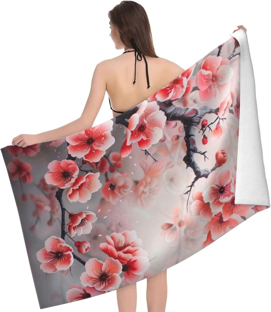 Plum Blossom Print Beach Towel – Soft Microfiber, Absorbent, Quick-Drying for Pool, Beach, Bathroom, Travel – Premium for Adults