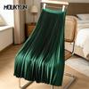Sommer Frauen Midi Plissee Röcke Elastische Hohe Taille Satin Plain Rock