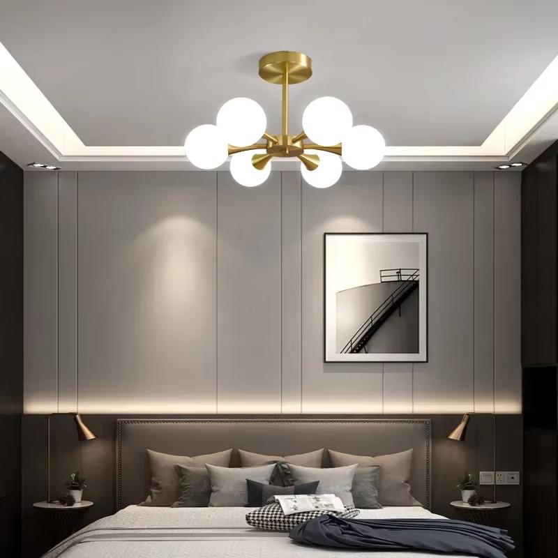 Minimalist Luxury Copper LED Ceiling Chandelier Nordic White Glass Ball Ceiling Lamps Living Dining Room Bedroom Light Fixture