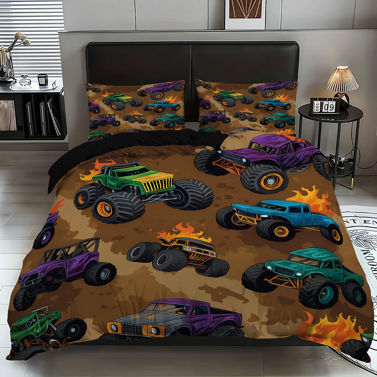 Cartoon Engineering Vehicle Quilt Cover 3D Printed Engineering Vehicle Bedding Set Bedroom Decoration Boys Bedding 100x135cm-2pcs
