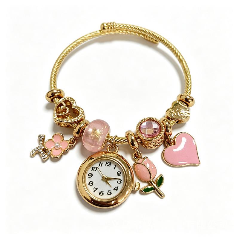 Ladies Charm Bangle Quartz Watch 2026 New Design Pink Tulip Heart Pendant Beaded Bracelet Watch Gift for Female