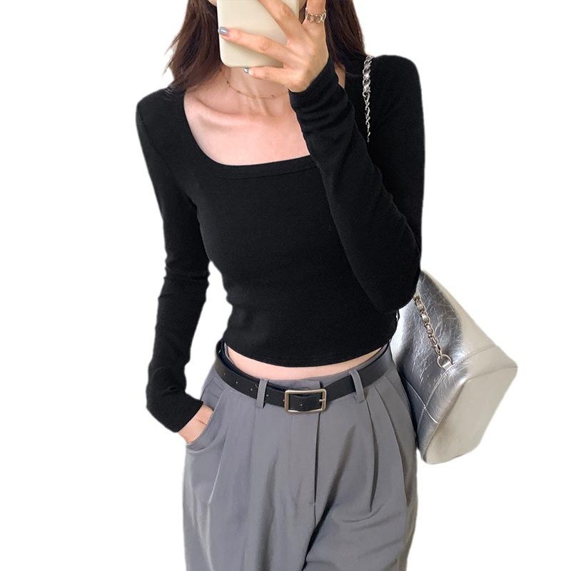Solid Color Square Neck Bottoming Shirt for Women In Autumn New Threaded Slim Long-sleeved T-shirt Versatile Slimming Short Top