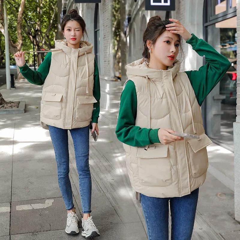Women Long Loose Puffer Vest Quilted Hooded Fall Winter Fashion Lightweight Padded Down Cotton Vests Female Oversized Warm Gilet