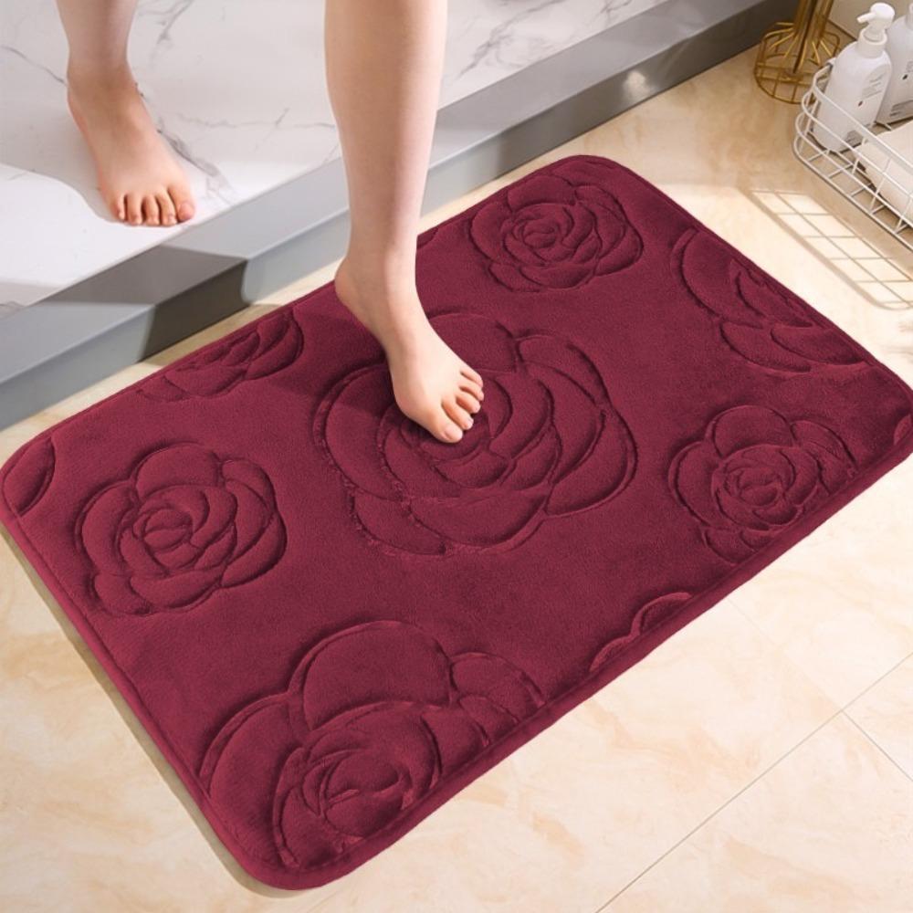 Machine Washable Rose Pattern Floor Mat Square Non-Slip Mat Coral Velvet Carpet  Bathroom