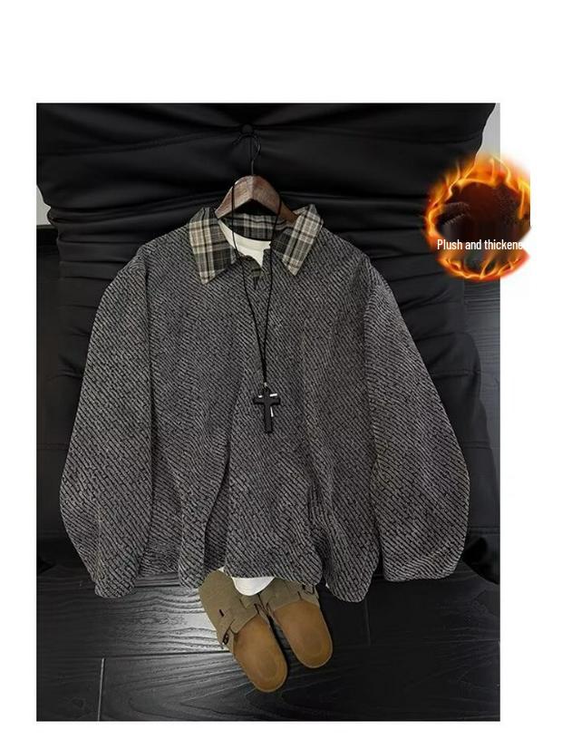 Men's Retro Plaid Velvet-Lined Hoodie: Autumn/Winter Street Style Trendy Loose Fit Jacket