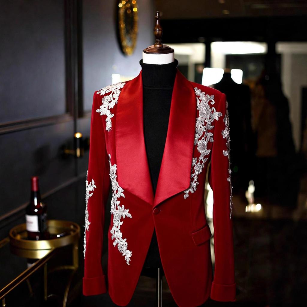 Luxuly Shiny embroidery Wedding Suits For Men Slim Fit Shawl Lapel Groom Tuxedos 1 Pieces Sets High-end Male Blazers Ropa Hombre