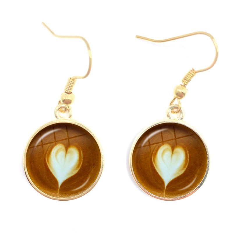 Coffee Latte Carving Love Heart Art Drop Earrings Chocolate Printing Flower Charm Jewelry For Women Gift Wholesale