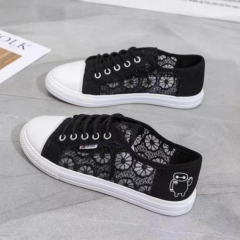 Dámské Plátěné Boty Malé Bílé Boty Krajka Prodyšné Nové Letní Studentské Síťovina Běžné Šněrovací Černé Ploché Boty Sportovní obuv