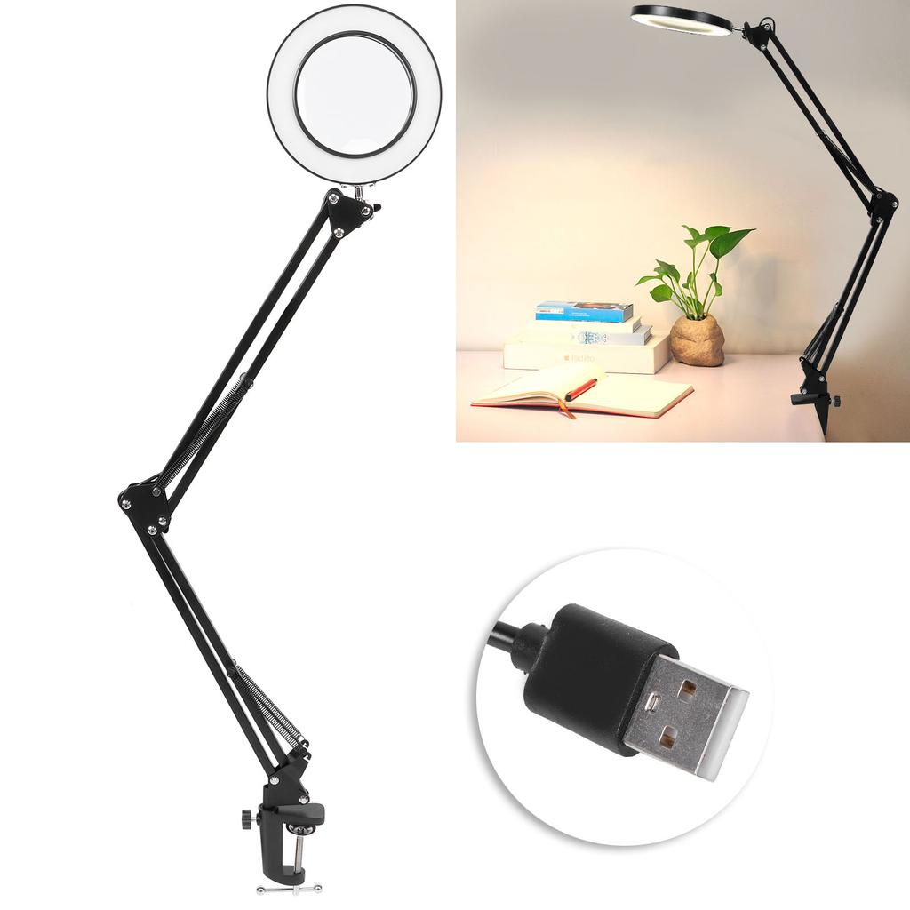 LED 5X Magnifying Lamp with Clamp USB Dimmable Desk Magnifier Light for Reading Embroidery