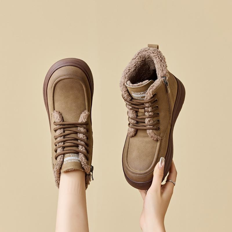Lamb wool snow boots women's 2 autumn and winter non-slip fluffy shoes warm and piled thickened retro cotton boots thick-soled short boots