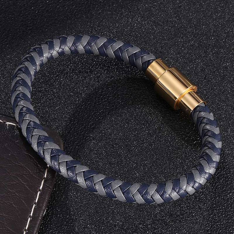 Trend Mens Bracelet Gray Blue Braided Leather Bracelets For Men Stainless Steel Clasp Jewelry