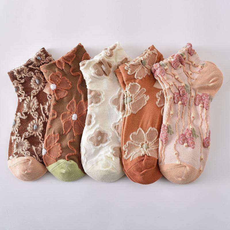 5/10 Pairs Women Three-dimensional Floral Printed Short Socks Fashionable Floral Sweet Sweat Absorbing Breathable Casual Socks