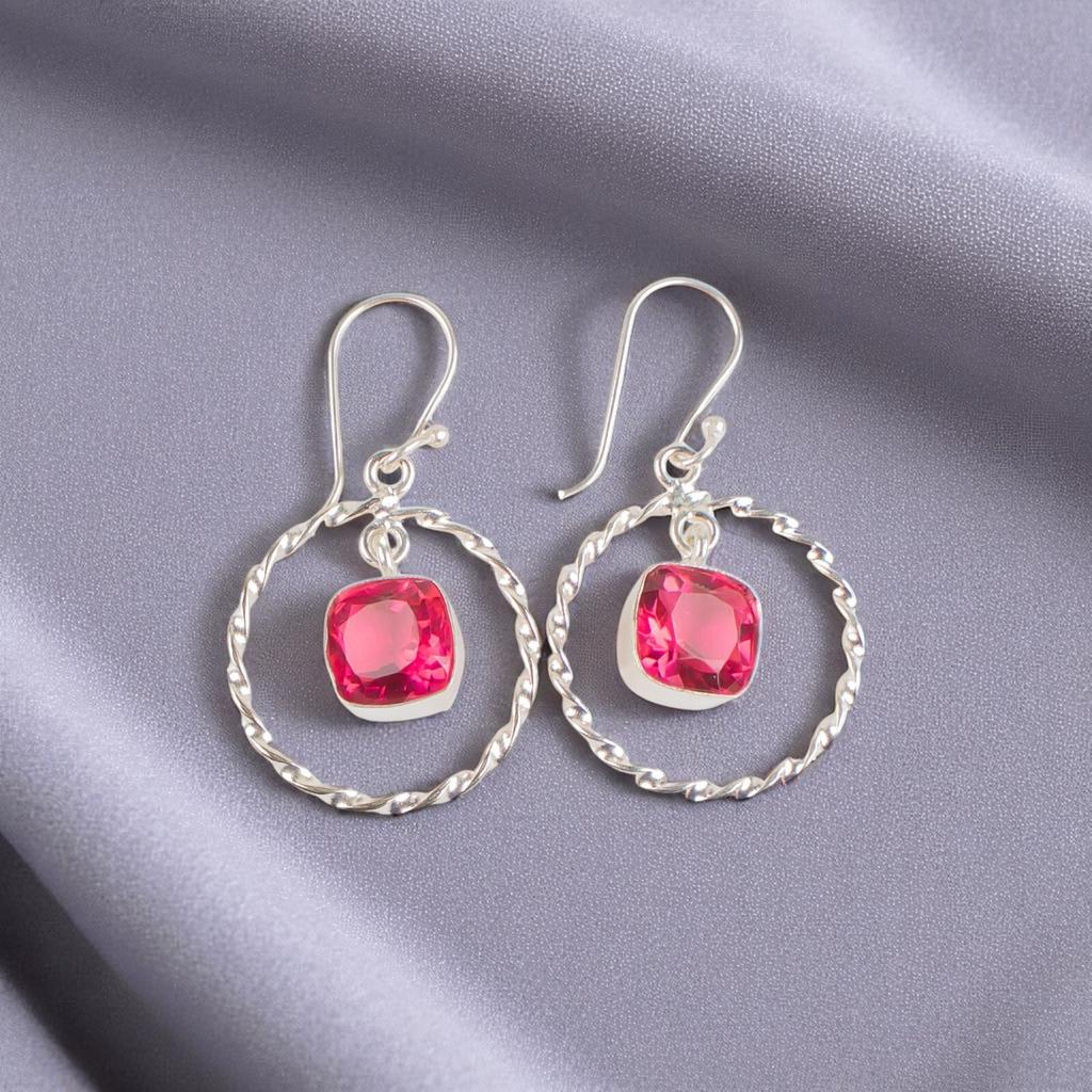 Pink Tourmaline Gemstone 925 Sterling Silver Jewelry Handcrafted Earrings 1.60" EE-60-17