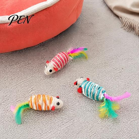 Aggressive Chewing Toys for Cats Colorful Mouse Cat Toys, Jute Rope Chew Feather Mice Realistic Tail Toy Kitten Teeth Cleaning Indoor Exercise