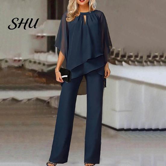 Solid Color Two-piece Suit 2 Pcs/Set Women Top Pants Set Hollow Out Half Sleeve O Neck Irregular Half-sleeve And Trousers Layered Hem Wide Leg