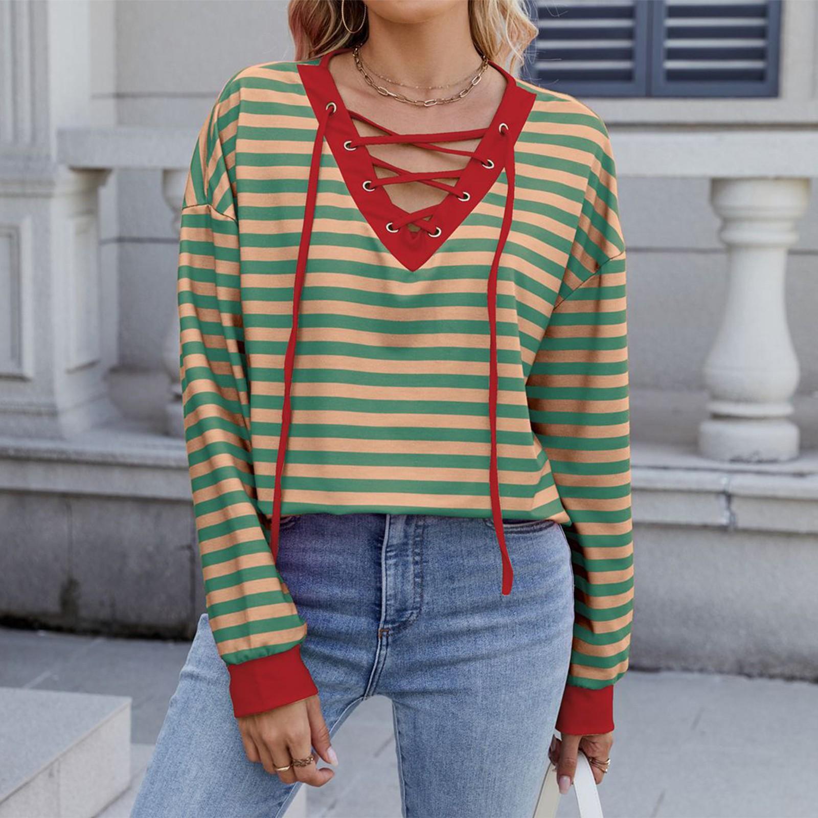 

Women s Fashionable Casual Striped Hooded Loose Long Sleeved Pullover Top L хакі