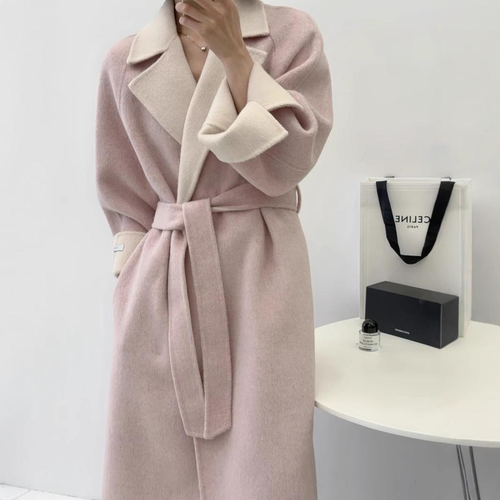 Pink Large Lapel Collar Double-sided Wool Coat Autumn and Winter Women's Medium and Long Woolen Coat Simple and Loose Temperament