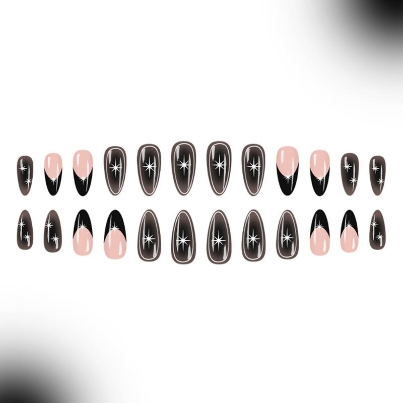Packung mit 24 Gothic Punk Aufklebenägeln mit Kaffee-Blumenmuster, langlebige Kunststoff-Falschnägel für Frauen, für den täglichen Gebrauch, Party