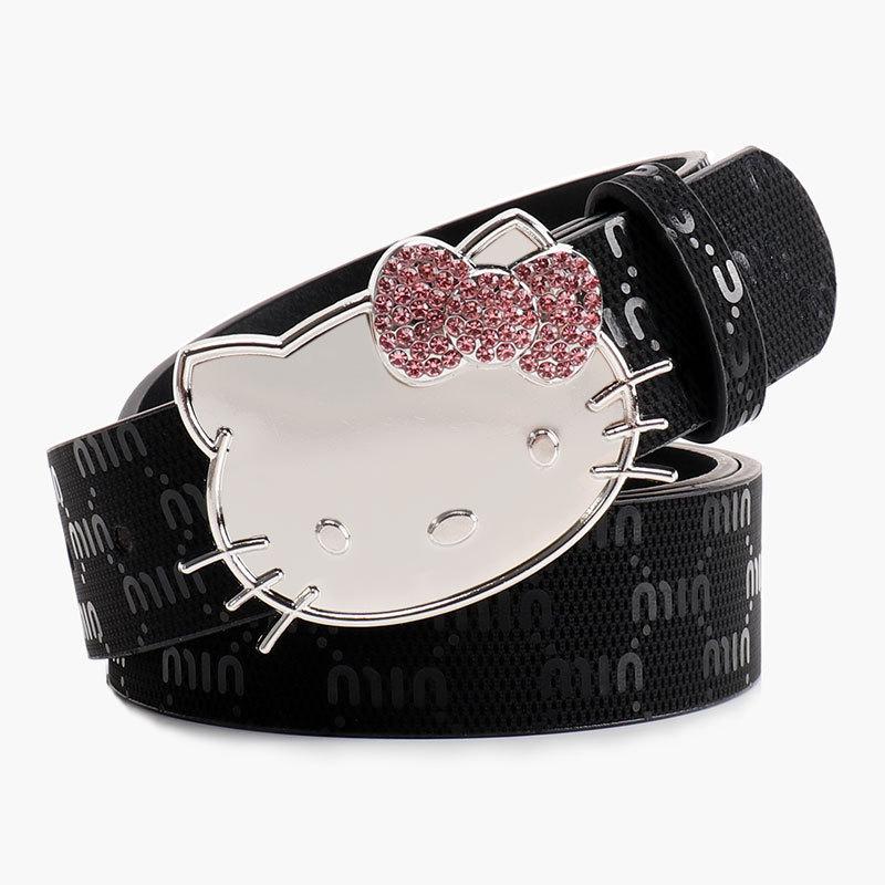 Metalowy Pasek Damski Hello Kitty z Nadrukiem Litery i Cyrkoniami do Codziennego i Eleganckiego Ubioru