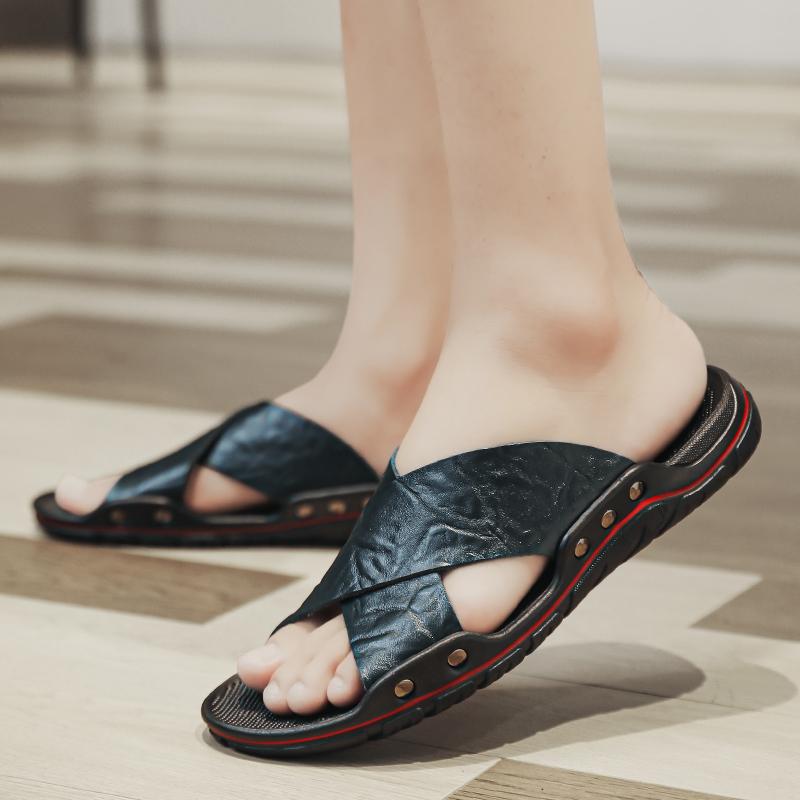 Fashion Men Shoe Men's  Leather Slide Sandals Comfortable Summer Casual Shoes for Men Non-Slip Sole Slippers Lightweight Beach Half Drag