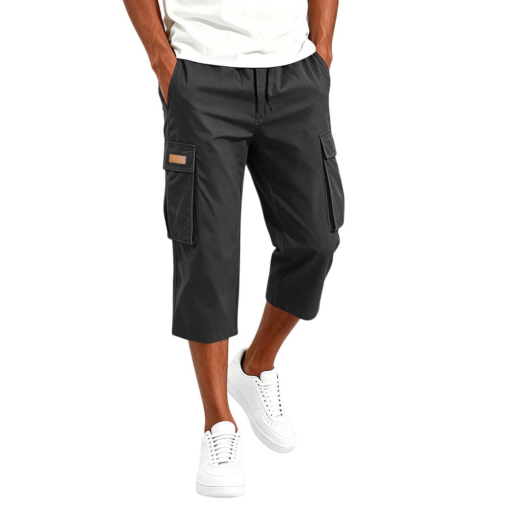 Men's Cargo Drawstring Pants Casual Multi Pocket Capri Work Trousers Lightweight Breathable Outdoor Utility Pants for Daily Wear