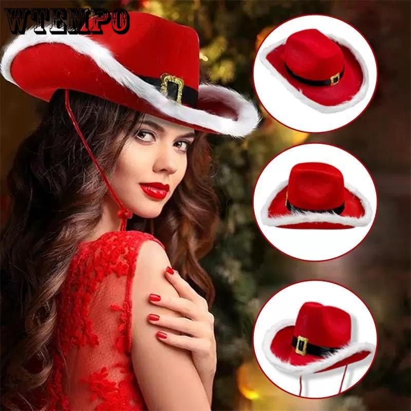 WTEMPO Christmas Red Party Hat with Windproof Rope Winter Christmas-themed Party Plush Brim Prop Hats Creative Indoor & Outdoor Activities Jazz Hats