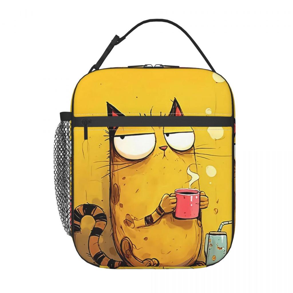 A Yellow Kitten Drinking Coffee Design Insulated Lunch Bag for Women Kids Leakproof Food Boxes Thermal Lunch Box Tote