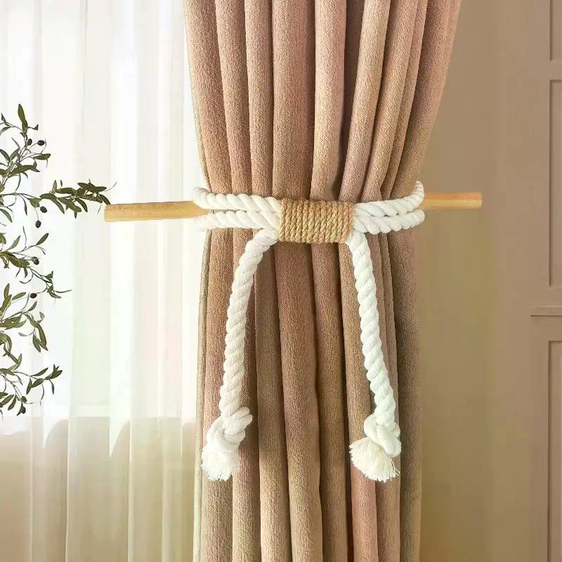 1Pcs Simple Curtain Binding Rope Solid Wood Stick Thick Cotton Rope Hemp Rope Bedroom Living Room Decoration Curtain Buckle