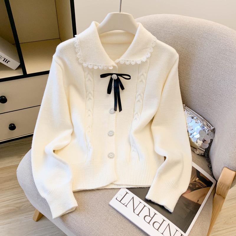 Autumn 2026 Chic Doll Collar Knit Cardigan for Women - Sweet, Fresh, Long Sleeve Sweater Coat