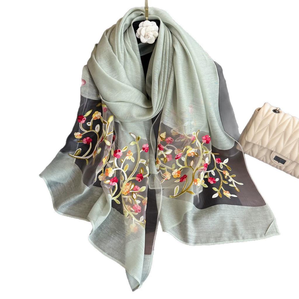Elegant Soft Thin Luxury Silk Scarf Flower Embroidery Foulard Women Hijab Shawls Large Wraps Shiny Lace Scarf Female