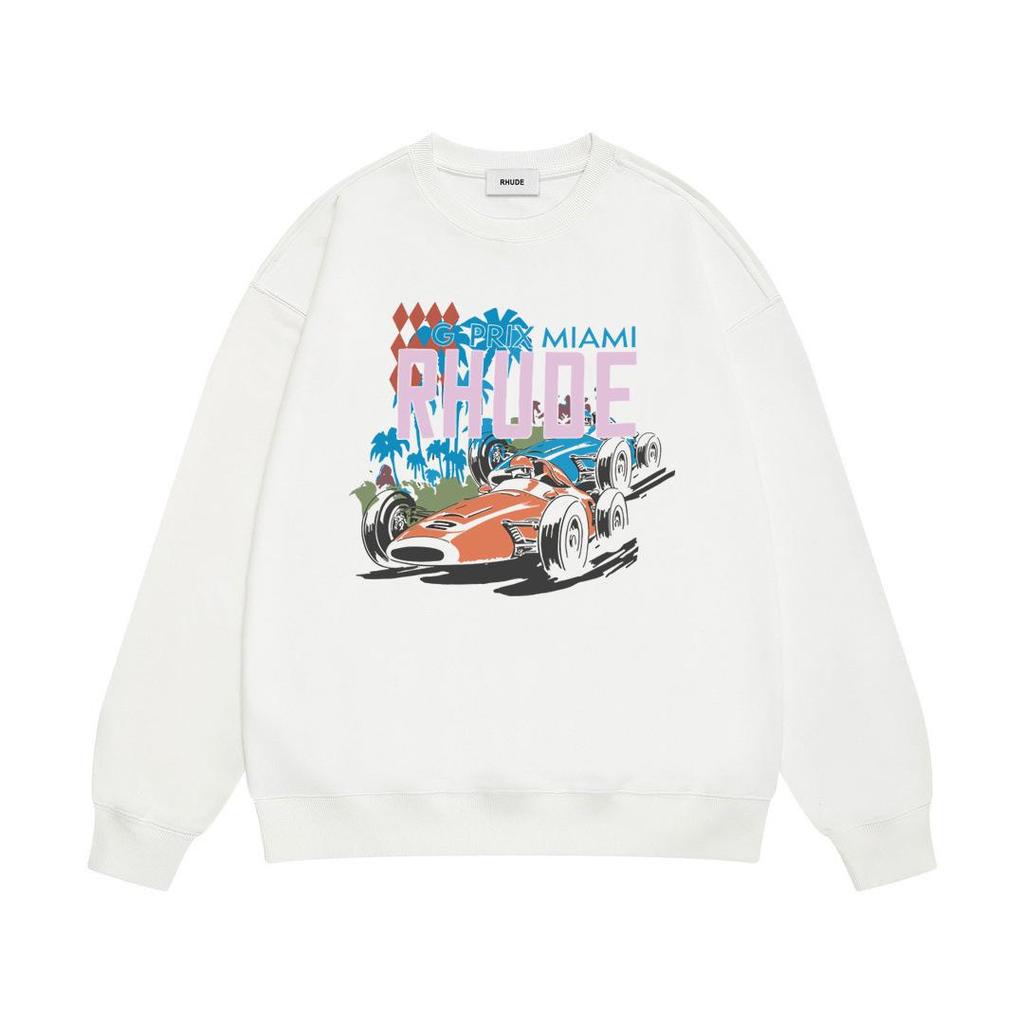 New Men's RHUDE Letter Print Loose Terry Round Neck Hoodie