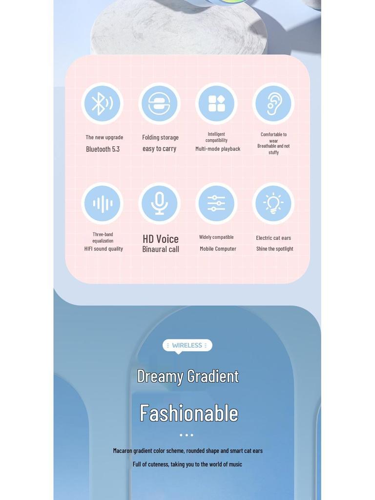 Luminous Cat Ear Bluetooth 5.3 Headphones with Card Slot for Gaming and Online Classes