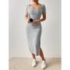 Summer Square Neck, Hip-Hugging Mid-Length Skirt, Short-Sleeved, Versatile Knitted Slit Dress