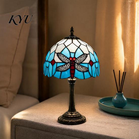 Vintage Dragonfly Bedside Lamp Tiffany Stained Glass Table Lamp, Blue Night Light, Style Ornament Decorative Atmosphere for Bedroom Living Room