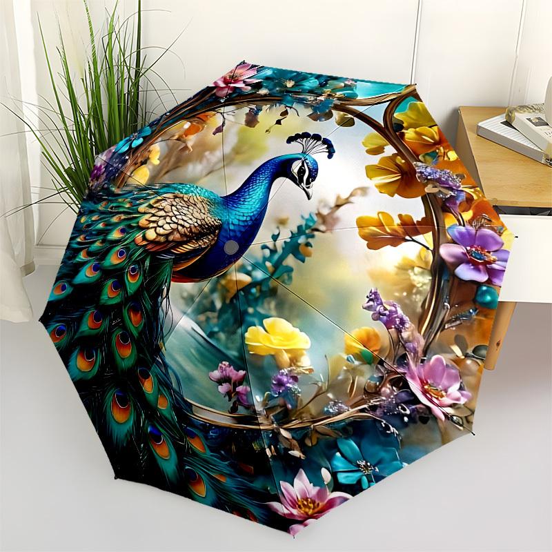 

Peacock, Floral Automatic Folding Umbrella Compact 8 rib Design, Unique Style, Suitable for Everyday Outdoor Use, Perfect Gift for Friends a