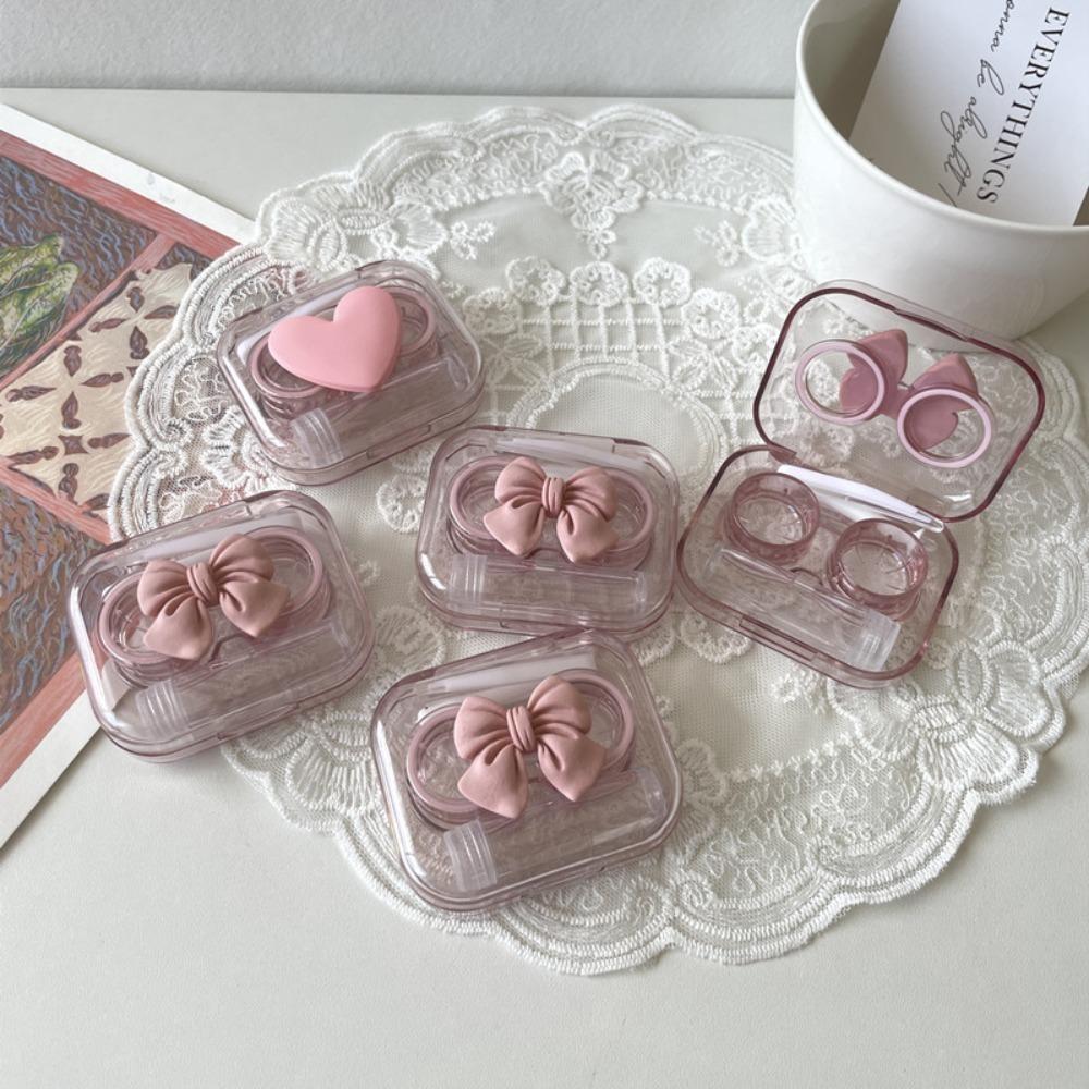 Transparent Bow Lenses Case Pink Eye Care Container Box Portable Cosmetic Contact Lenses Box