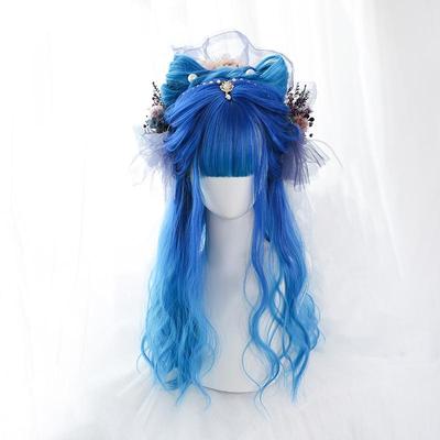 Long Wavy Curly Hair  Female Blue Heat Resistant Synthetic Lolita Wig