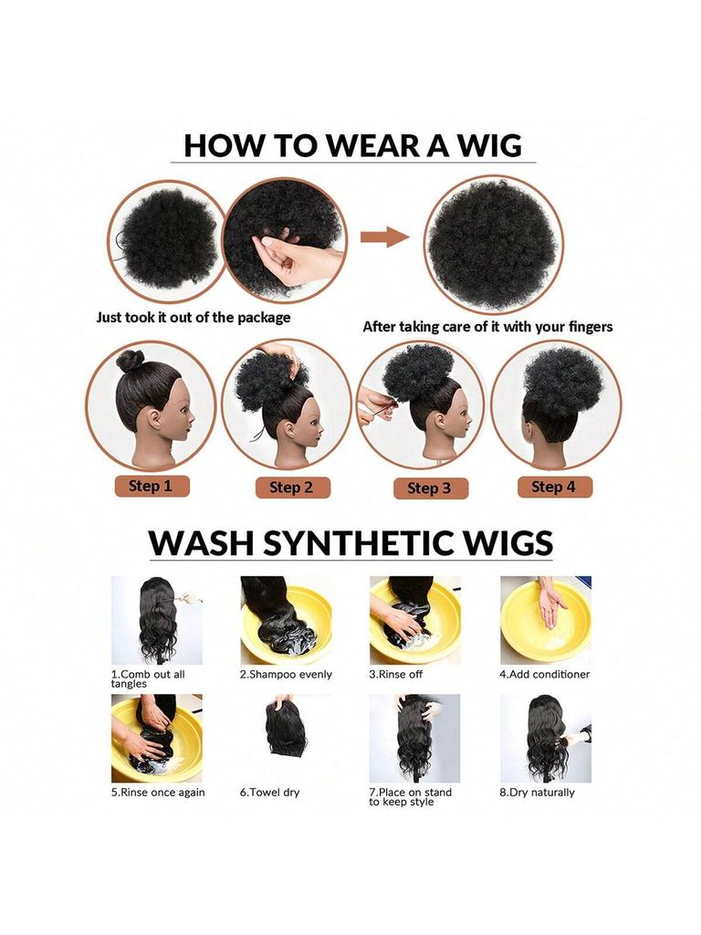 Afro Puff Drawstring Ponytail Hair Buns 1PCS/Pack 6 Inch for Girls Children Black Women Natural Black Kinky Curly Hair Updo Donut Chignon