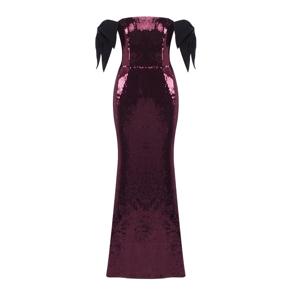 Iridescent Sequin One-Shoulder Mermaid Evening Gown with Black Bow S