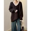 New Korean Fashion Lace Patchwork Pullover Loose Sweater Women Knitted Casual Versatile Tops Autumn and Winter V Neck Long Sleeve Solid Color Clothes