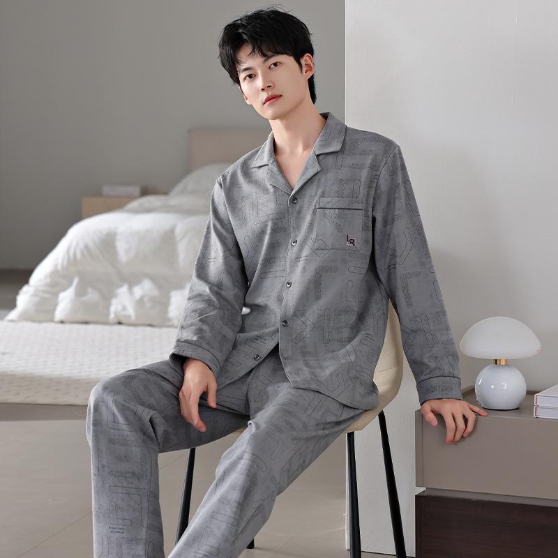 Men'S Pajamas Men'S Spring And Autumn Models, Pure Cotton Long-Sleeved Men'S Autumn Cotton Loungewear Set