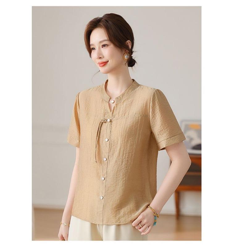 Women s Summer Mandarin Collar Blouse Short Sleeve Knot Detail Textured Fabric Loose Fit Casual Top XL