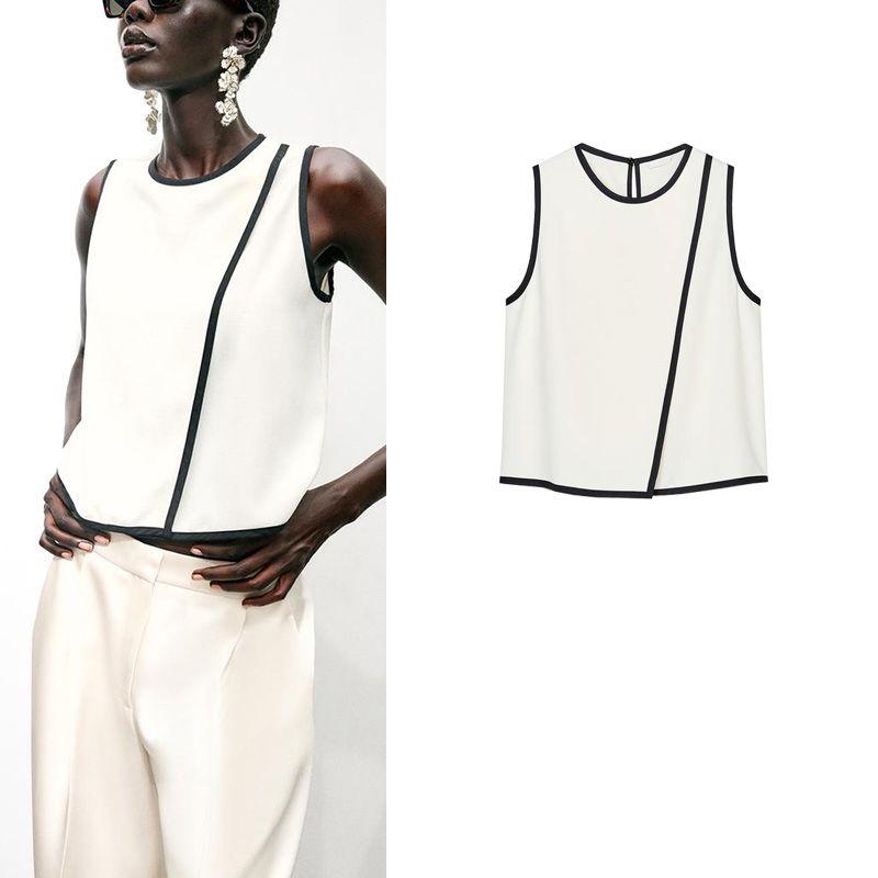 Summer New Women Clothes Simple Back Split Contrast Color Trim Crepe Round Neck Sleeveless Top 1971059