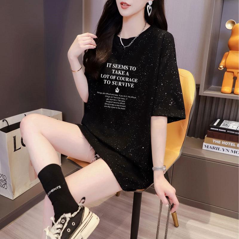 Women's Casual Summer Niche Glitter Letter Print Short Sleeve Vintage T-shirt Top