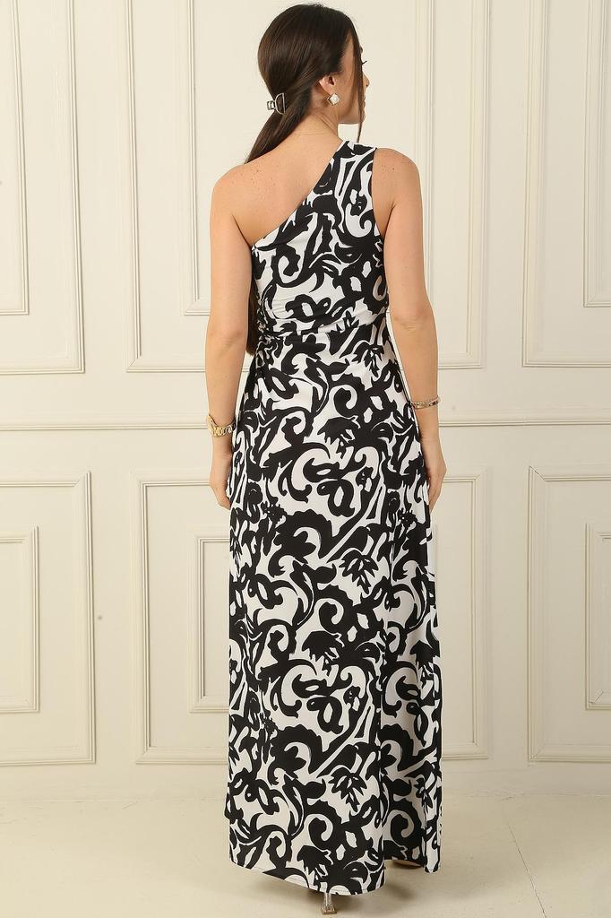 Women's One Shoulder Side Window Ethnic Pattern Long Crepe Satin Dress